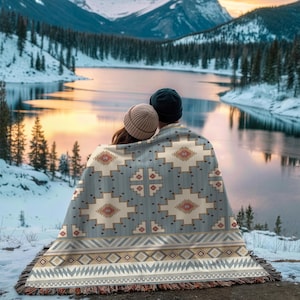 Southwestern Diamond Pattern Woven Blanket | Navajo Throw Blanket Gift for Lodge Cabin