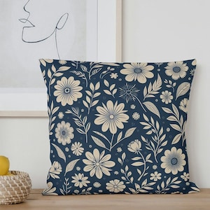 Marine-Blau und Tan Blumen Kissenbezug für Familienzimmer Home Decor für Wohnzimmer Sofa Kissenbezug Größen 14x14 16x16 18x18 20x20
