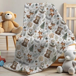Personlig plyschfilt med skogsdjur, pläd för barn, sängkläder för flickor och pojkar, anpassad filt med namn, babyshowerpresent