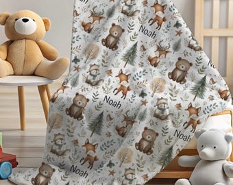 Manta de animales del bosque personalizada, de felpa aterciopelada, para bebés, para la habitación infantil, para niñas y niños, manta con nombre personalizado, regalo para baby shower.