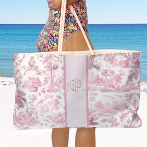 Monogrammed Toile Tote Weekender Bag Personalized Travel Tote Overnight Bag Custom Initials Gift for Her Carry On Bag for Beach Vacation Bag