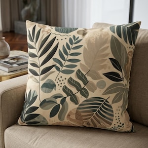 Neutral Leaf Pattern Pillow Cover Sage & Beige | Botanical Throw Pillow Cover Boho Decor