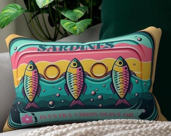 Retro Sardine Lumbar Pillow Vintage Fish Design Cushion Coastal Ocean Throw Pillow Nautical Beach House Decor Throw Pillow Gift for Her