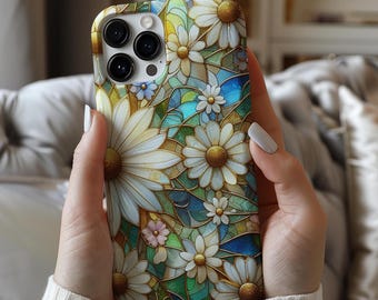 Stained Glass Daisy Tough iPhone 17 Case Floral Phone Cover Samsung 25 Phone Case Pixel Phone Case Birthday Gift for Her Mothers Day Gift