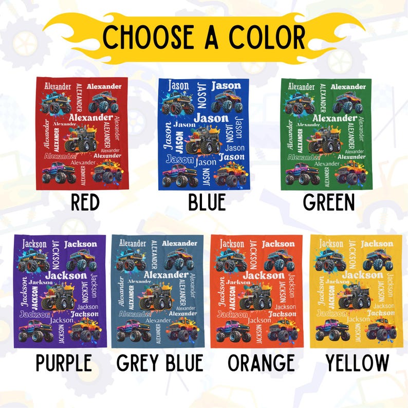 Op de afbeelding: Een selectie van kleurrijke dekens met monster truck ontwerpen en gepersonaliseerde namen. De dekens zijn verkrijgbaar in rood, blauw, groen, paars, grijsblauw, oranje en geel. De tekst "CHOOSE A COLOR" staat bovenaan.