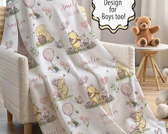Gepersonaliseerde Winnie de Pooh-babynaamdeken | Fluwelen plaid | Genderneutraal aangepast kinderkamerdecoratie douchecadeau
