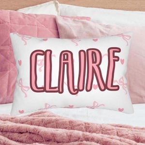 Personalized Lumbar Pillow Pink Bows & Hearts for Kids Teens Nursery Custom Name Pillow Birthday Gift for Girls Boys for Teens Shower Gift