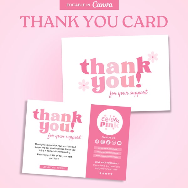 4 Editable Canva Thank You Card Templates, Color Pink Thank You Card, Editable Thank You For Your Purchase Card, Thank You For Your Order