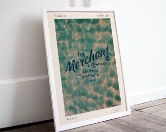Peut inclure: Une impression encadrée d'une publicité vintage pour The Merchant & Company, une marque déposée à Atlanta, en Géorgie, aux États-Unis. La publicité présente un motif d'ondulation d'eau bleu et vert.