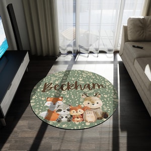 Woodland Round Rug, Nursery Decor - Forest Theme Circle Carpet, Kids Room Floor Mat, Nature Boho Bedroom Rug, Wildlife Cabin Area Rug,