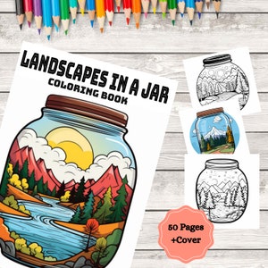 Landscapes in a Jar Coloring book, 50 Pages of Coloring, In a Jar Pencil Coloring book, Landscapes Coloring