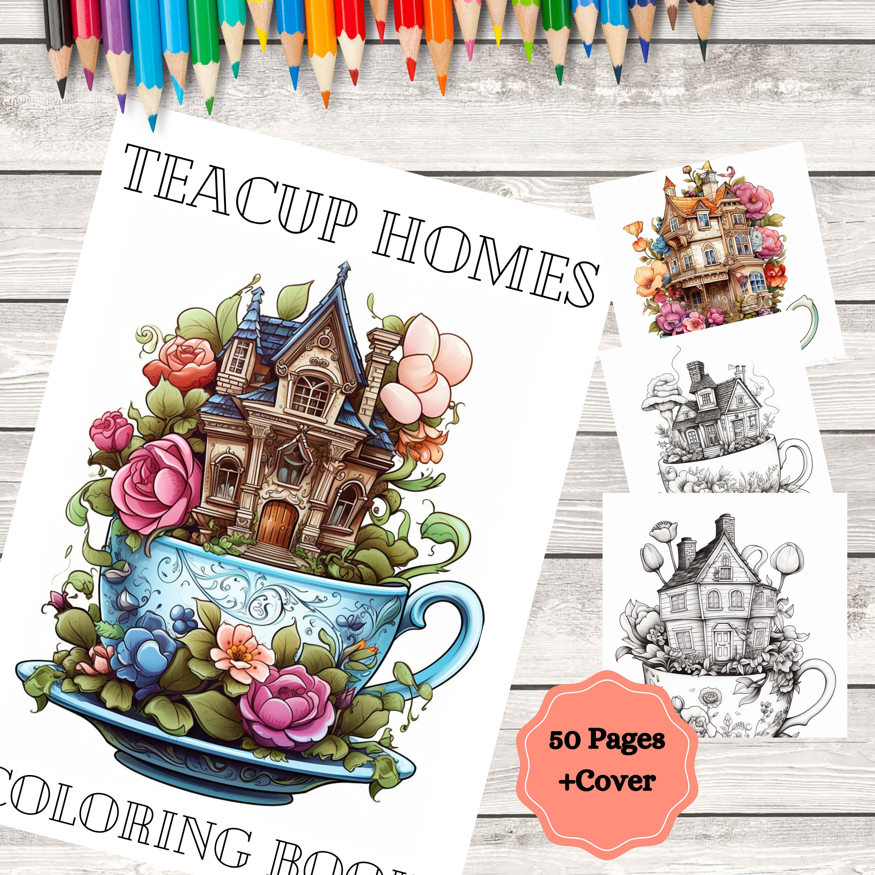 Teacup Homes Coloring Book, 60 Pages of Coloring, Teacup Flower Homes Coloring Pages Etsy