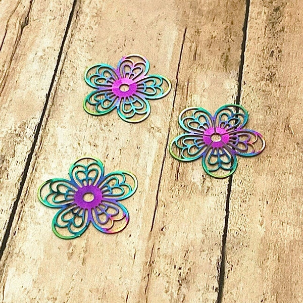 5 pieces of the Lovely Rainbow, Floral, Stainless Steel Filigree with Etched Metal Embellishments