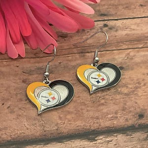 Pittsburg Steelers Heart Shaped Earrings with traditional Gold and Black colors