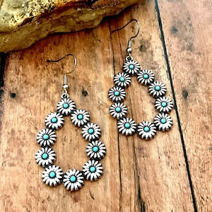 Silver, Tear-drop Shaped, Dangle Earrings with Floral Design