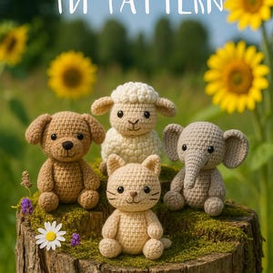 May include: A collection of crocheted animal toys, including a dog, sheep, cat, and elephant, displayed on a tree stump. The image includes text that reads "PDF PATTERN" and "Random Gifts!" with the words "including 3 gifts & stitch guide" above the pattern text.