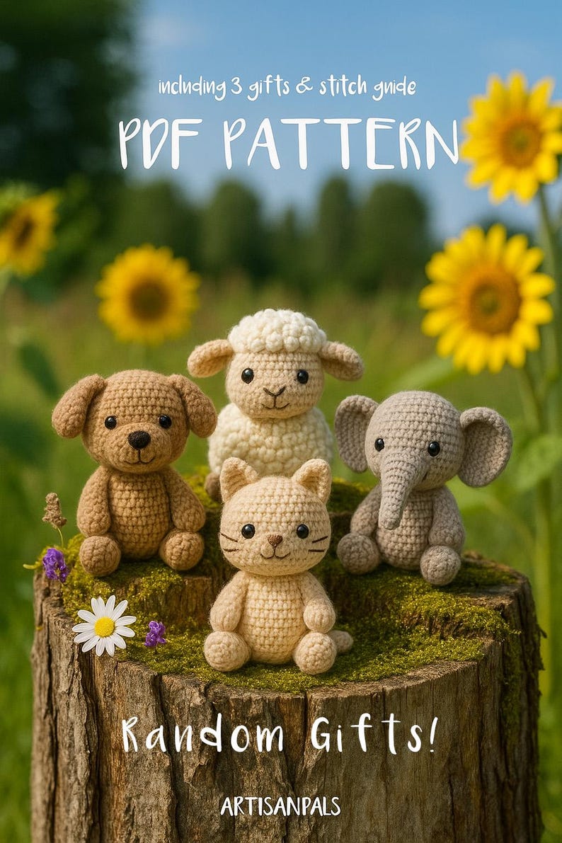 May include: A collection of crocheted animal toys, including a dog, sheep, cat, and elephant, displayed on a tree stump. The image includes text that reads "PDF PATTERN" and "Random Gifts!" with the words "including 3 gifts & stitch guide" above the pattern text.