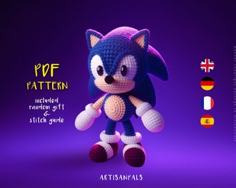 Sonic Crochet Pattern, Hedgehog Amigurumi Pattern, Animal Easy Crochet Tutorial, Artisan Craft, Gift for Birthdays, Included Stitch Guide