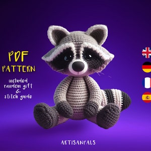 Raccoon Crochet Pattern, Raccoon Amigurumi Pattern, Animal Easy Crochet Tutorial, Artisan Craft, Gift for Birthdays, Included Stitch Guide