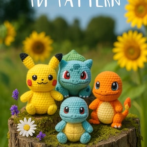 May include: A collection of crocheted Pok&eacute;mon characters, including Pikachu, Bulbasaur, Squirtle, and Charmander, are displayed on a tree stump. The image includes text that reads "PDF PATTERN" and "Random Gifts!"
