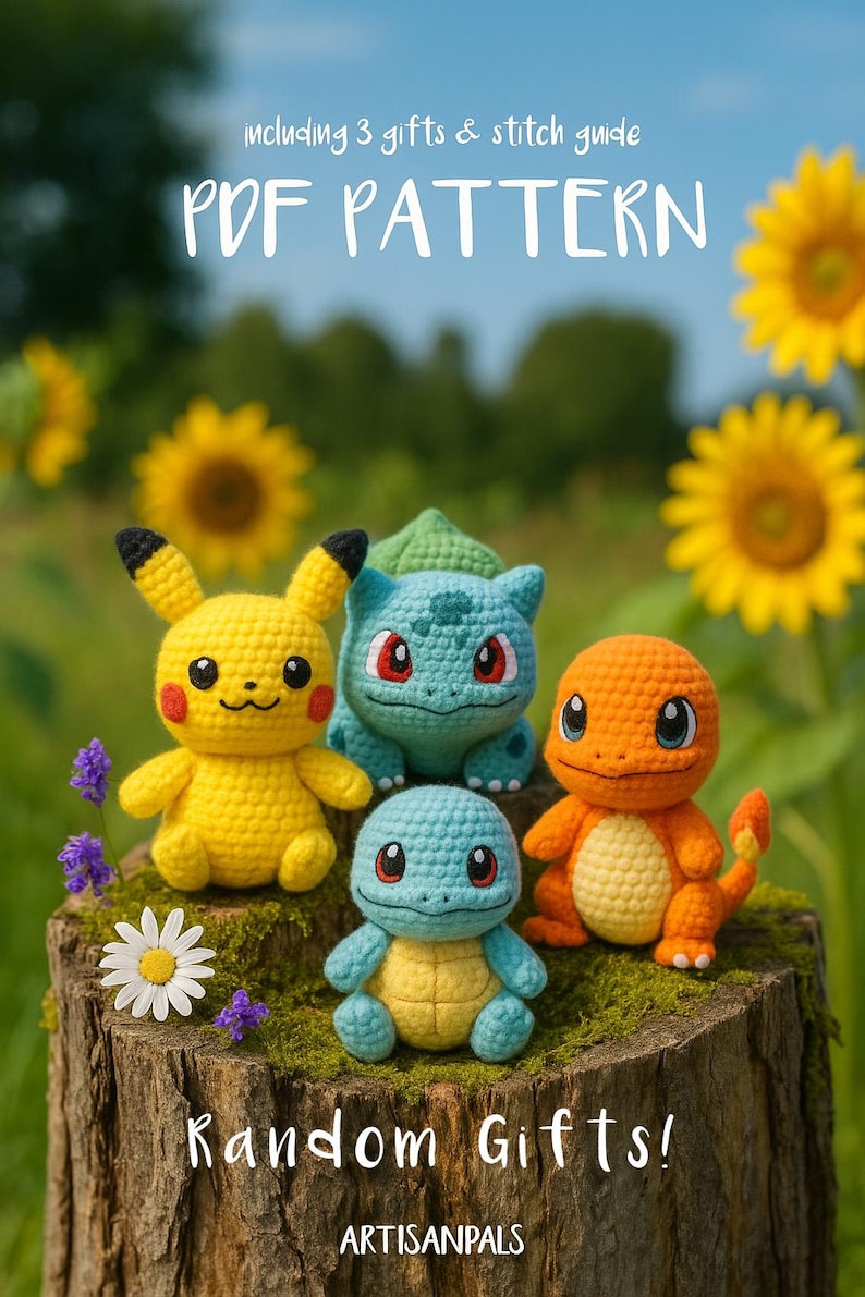 May include: A collection of crocheted Pok&eacute;mon characters, including Pikachu, Bulbasaur, Squirtle, and Charmander, are displayed on a tree stump. The image includes text that reads "PDF PATTERN" and "Random Gifts!"