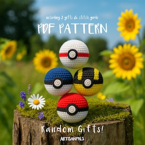 May include: A collection of four crocheted Pok&eacute; Ball designs in red, white, blue, and yellow, arranged on a moss-covered tree stump. The image includes text that reads "PDF PATTERN" and "Random Gifts!"