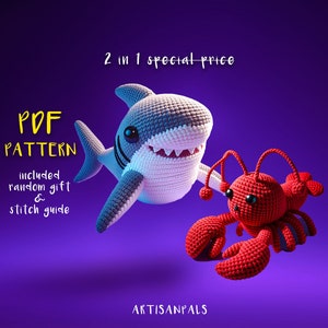 May include: Crochet pattern for a shark and a lobster. The pattern includes a stitch guide and a random gift. The pattern is available as a PDF download.