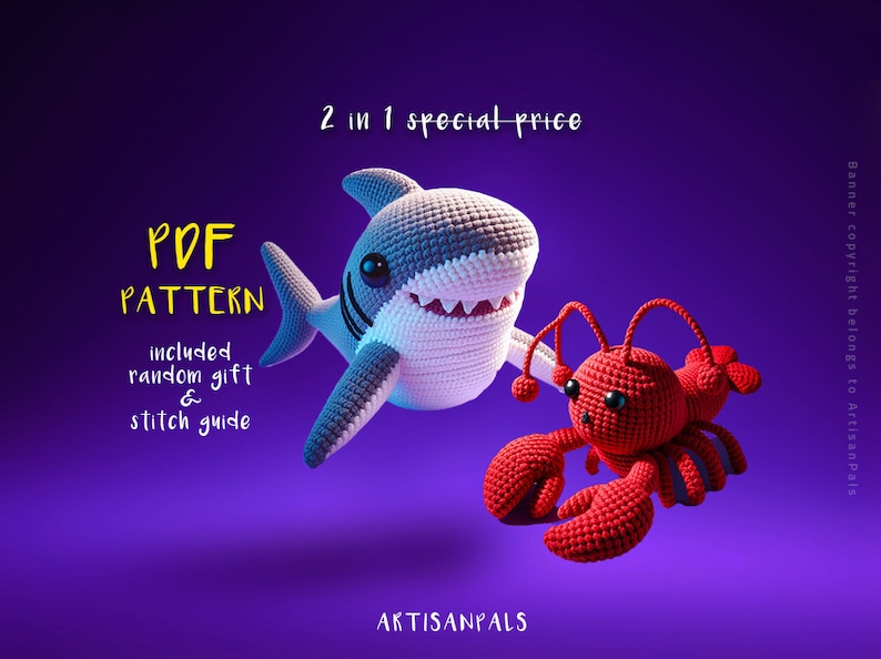 May include: Crochet pattern for a shark and a lobster. The pattern includes a stitch guide and a random gift. The pattern is available as a PDF download.