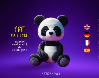 Wzór szydełkowy na pandę, wzór amigurumi na pandę, łatwy samouczek szydełkowania zwierząt, rzemiosło artystyczne, prezent urodzinowy, dołączony przewodnik po ściegach