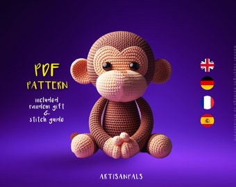 Monkey Crochet Pattern, MonkeyAmigurumi Pattern, Animal Easy Crochet Tutorial, Artisan Craft, Gift for Birthdays, Included Stitch Guide