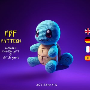 May include: A crochet pattern for a blue and yellow Squirtle, a Pokemon character. The pattern includes a random gift and a stitch guide. The text "PDF PATTERN" is in yellow on a purple background.