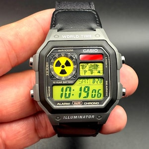 Custom Casio AE1200 Atomic Dial Red and Yellow Filters Black NATO Strap NIBWT