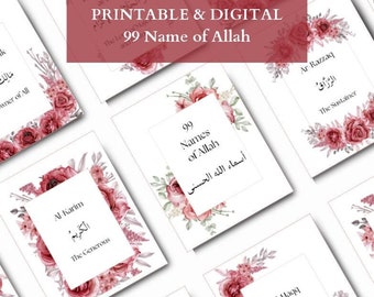 The 99 names of Allah flashcards for memorization names of Allah islamic cards pink flowers with names of Allah flashcards to go islamic