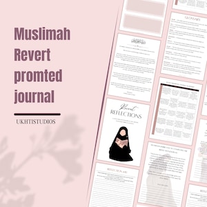 May include: A pink and white journal with the words "Muslimah Revert Prompted Journal" and "UKHTISTUDIOS" in a dark pink font. The journal pages have text and illustrations.