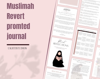 May include: A pink and white journal with the words "Muslimah Revert Prompted Journal" and "UKHTISTUDIOS" in a dark pink font. The journal pages have text and illustrations.