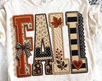 Fall Patchwork PNG, Autumn Applique Sublimation Design, Faux Embroidery Plaid Leopard Checker Shirt Graphic, Thanksgiving PNG