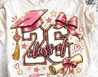 Classe 2026 PNG, design per sublimazione di laurea rosa, maglietta Senior 2026 PNG, fiocco per cappello di laurea download digitale, design per maglietta da laureata