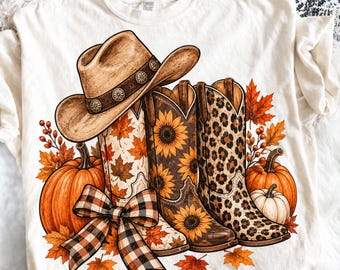 Cowboy Boots Leopard Fall Png, Brushstroke Fall Pumpkin Png, flower Print Howdy PNG, Leafs Fall Png, Western Cowgirl Autumn Shirt