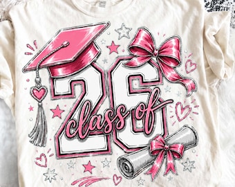 Classe 2026 PNG, design per sublimazione di laurea rosa, maglietta Senior 2026 PNG, fiocco per cappello di laurea download digitale, design per maglietta da laureata