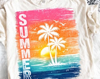 Imagen PNG de palmeras al atardecer de verano estilo retro, gráfico de playa vintage (descarga digital)