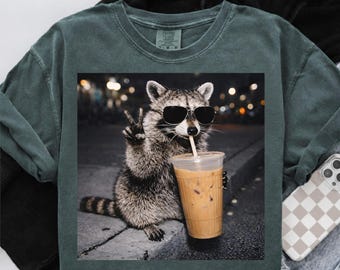 Raccoon Drinking Iced Coffee SVG PNG, Funny Trash Panda Cafe Art (Digital Download)