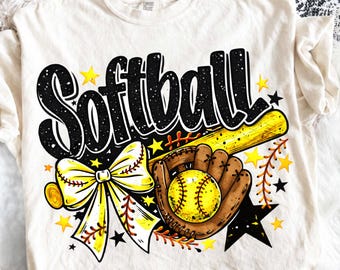 Softball Bow PNG | Softball Sublimation Design | Softball Bat & Glove Graphic | Sports Mom Shirt Design | 300 DPI PNG | Digital Design