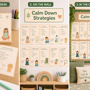 Puede incluir: Un conjunto de carteles y tarjetas educativas con estrategias de calma. Los carteles y tarjetas presentan ilustraciones y texto, incluyendo "Take a Deep Breath" y "Count to 10". La combinación de colores es neutra con acentos verdes. El texto "Calm Corner" es visible.