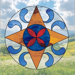 Puede incluir: Un film de ventana de vidrio emplomado con un diseño de estrella azul, roja y naranja sobre un fondo blanco. La estrella está rodeada de remolinos azules.