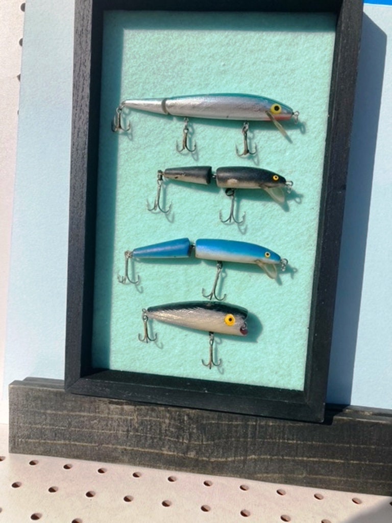 Vintage fishing tackle display made from old barn wood containing 39+ old  fishing lures and