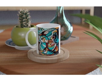 Customizable White 11oz Ceramic Mug | Mug with abstract bird motive