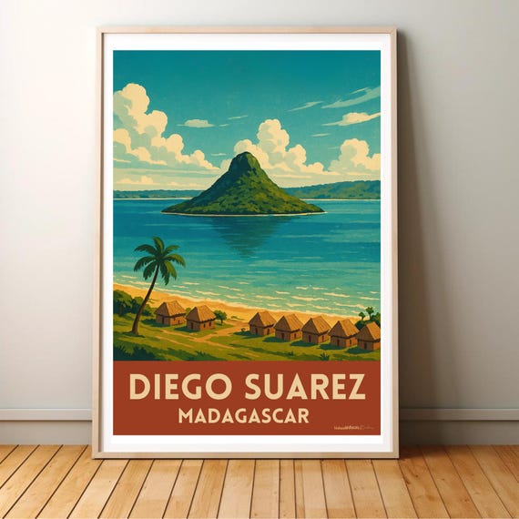 Diego Suarez Travel Poster Pain de Sucre, Tropical Bay Wall Art, Affiche Baie de Diego, Madagascar