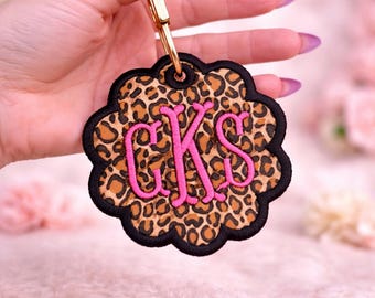 Custom Monogram Leopard Print Bag Tag Charm, Embroidered Initials Keychain, Purse Accessory