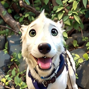 May include: A white dog with black markings on its back and ears, wearing a blue and brown collar, smiles with its tongue out. The dog is in a green leafy setting.