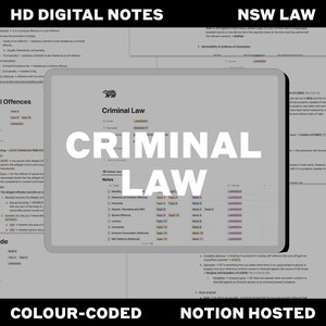 May include: A digital study guide for criminal law in New South Wales, Australia. The guide is color-coded and includes topics such as sexual offenses, homicide, and murder. The guide is hosted on Notion.